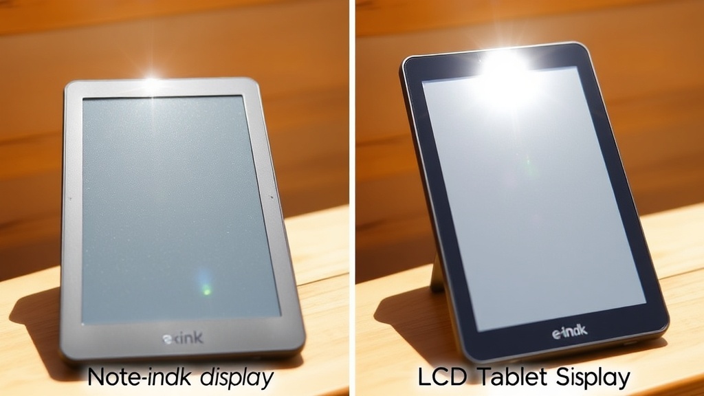 밝은 햇빛 아래에서 반사 없이 선명하게 보이는 전자잉크 화면과 반사가 심한 일반 태블릿 화면을 비교하는 모습