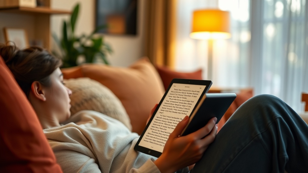 아늑한 조명 아래에서 e북 리더기를 사용하여 편안하게 독서에 집중하고 있는 사용자의 모습