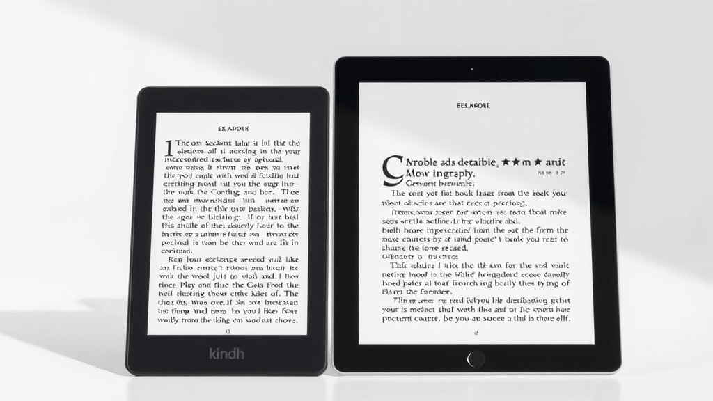 다양한 조명 환경에서 e북 리더기와 태블릿 화면을 비교하는 모습