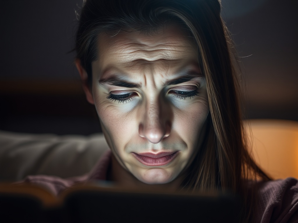 어두운 방에서 프론트라이트를 켜고 e북 리더기를 읽으며 눈의 피로도를 확인하는 상황